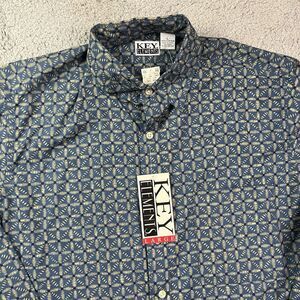 Vintage Key Elements 90's Button Shirt Blue Unique Pattern Long Sleeve Large NOS